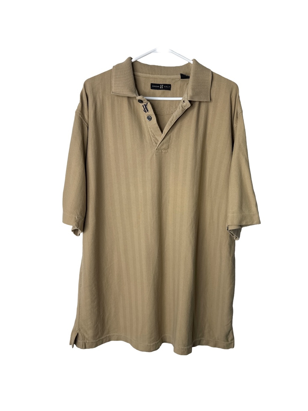 HAGGAR GOLF Men’s Camel Herringbone Cotton Polo Shirt Short Sleeve Preppy Large